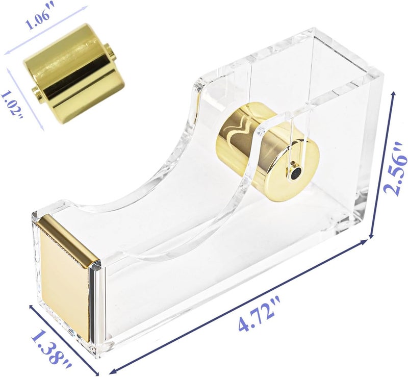 Mersper Gold Tape Dispenser, Clear Acrylic Desk Tape dispensers with Serrated Metal Edge, Modern Aesthetic Office & Craft Tape Organizer for Gift Wrapping, 1 Inch Core, Non-Slip Weighted Base - Image 4
